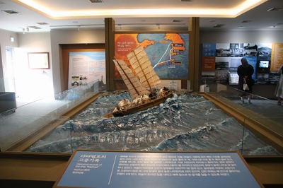 성 김대건 신부 제주표착 기념관 내부에는 라파엘호를 타고 항해하는 장면이 전시되어 있다.